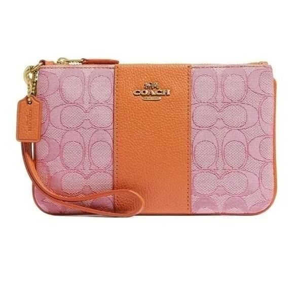 Coach Signature Jacquard & Leather Zip Slim Wristlet Taffy Orange NWT - Picture 1 of 5